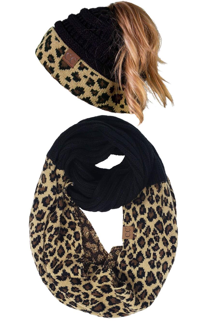 2910 Matching 2 Pack Ponytail Beanie & Infinity Scarf - Leopard Print Black